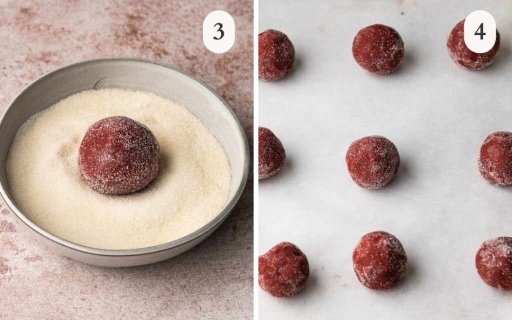 A picture of a red velvet cookie dough ball being rolled in sugar next to a picture of red velvet cookie dough balls on a baking sheet