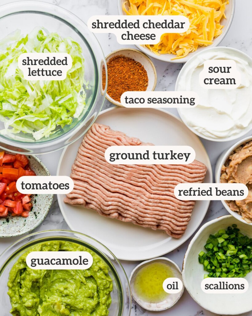 an above photo of all taco dip ingredients with labels on them 