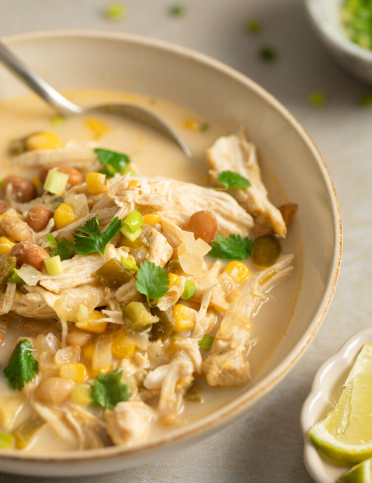 a close up photo on a bowl of white chicken chili with a spoon in it