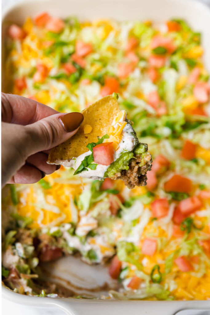 an above photo of seven layer taco dip out of focus in the background with the focus on a hand holding a chip with the dip on it