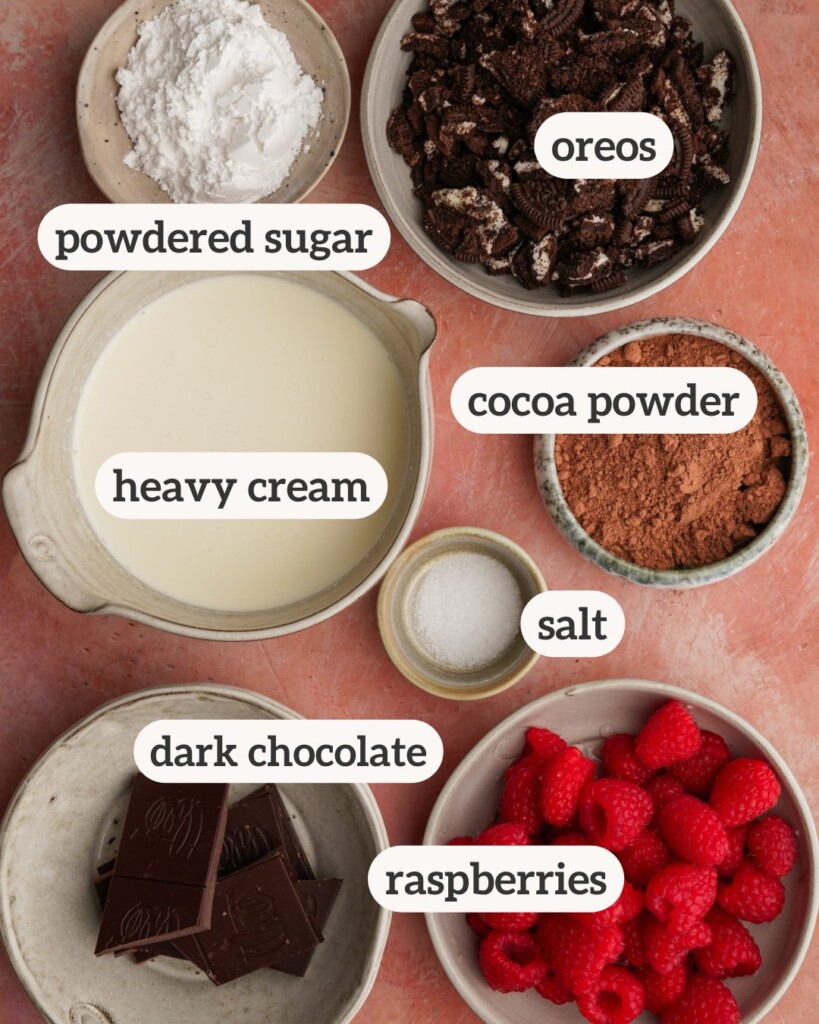 an above photo of the ingredients for chocolate parfait with labels on them