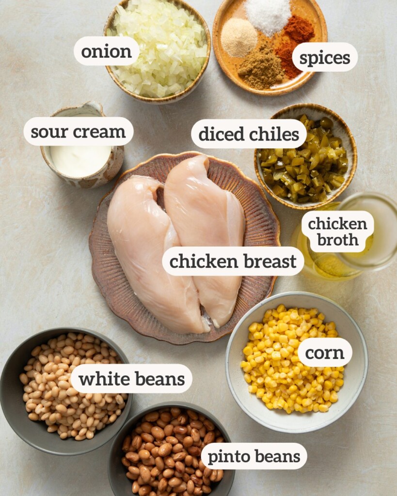 an above photo of the ingredients for white chicken chili with labels on them