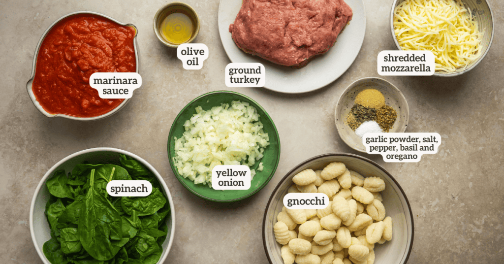 Ingredients for an easy baked gnocchi recipe with labels on each ingredient