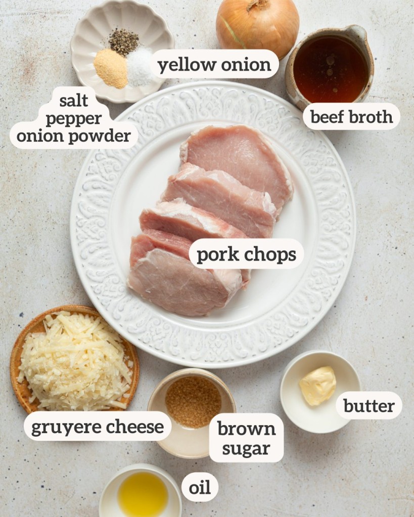 an above shot of all french onion pork chops ingredients with labels on them