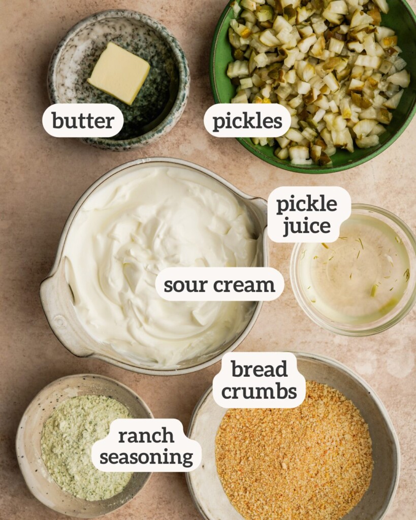an above image of ingredients for goat cheese dip with labels on them