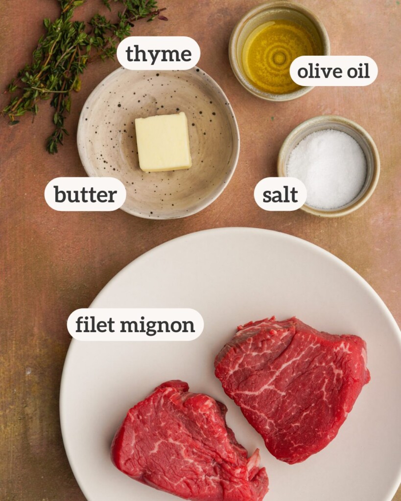 an above photo of the ingredients for reverse sear filet mignon with labels on them