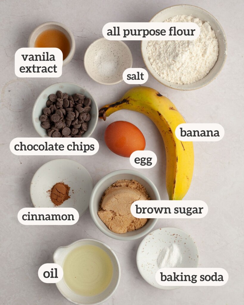 an above photo of all ingredients for banana muffins with labels on them