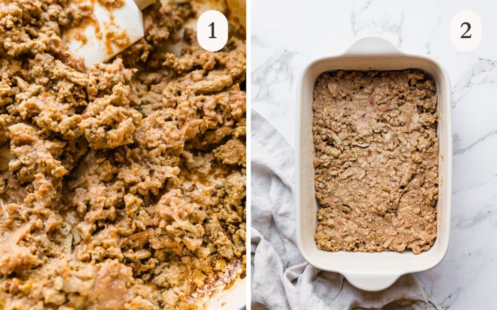 a photo of browned ground turkey next to a photo of ground turkey in a baking dish with refried beans on top