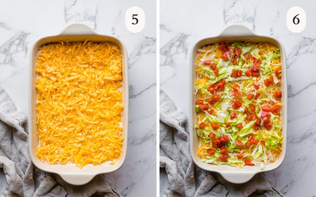 a photo of shredded cheddar cheese sprinkled in the baking dish next to a photo of shredded lettuce and diced tomatoes sprinkled on top of the cheese