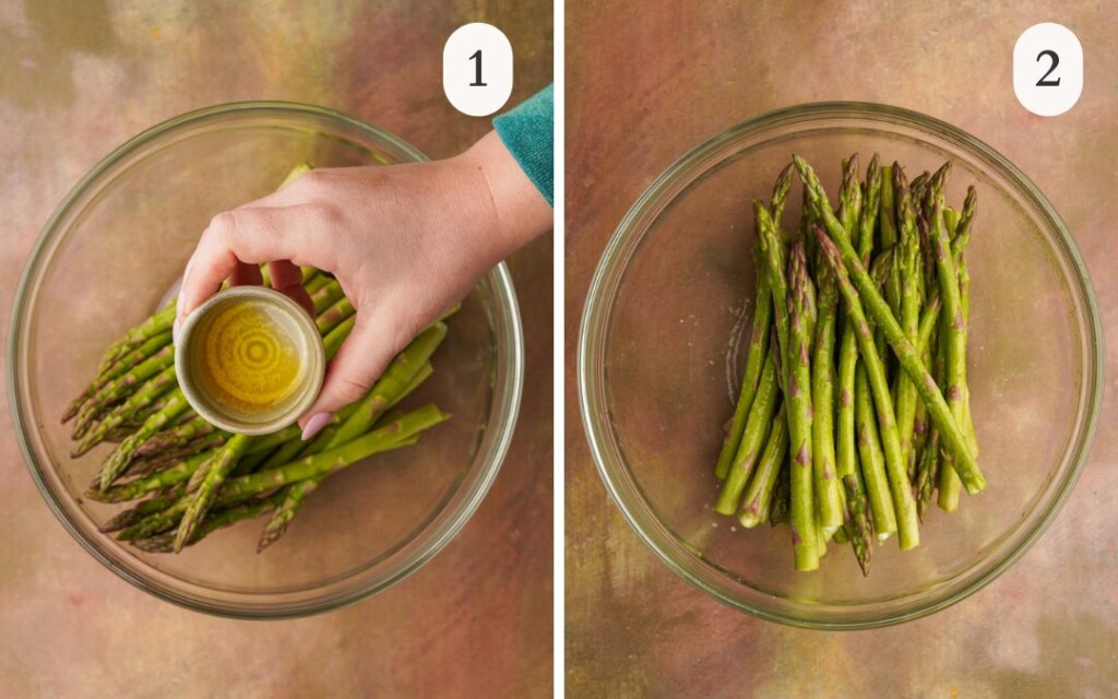 a photo of asparagus in a clear bowl with a hand holding a small bowl of olive oil next to a photo of olive oil drizzled on asparagus