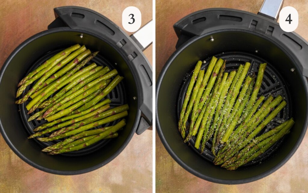 a photo of asparagus in an air fryer basket next to a photo of parmesan sprinkled on top of asparagus in an air fryer basket