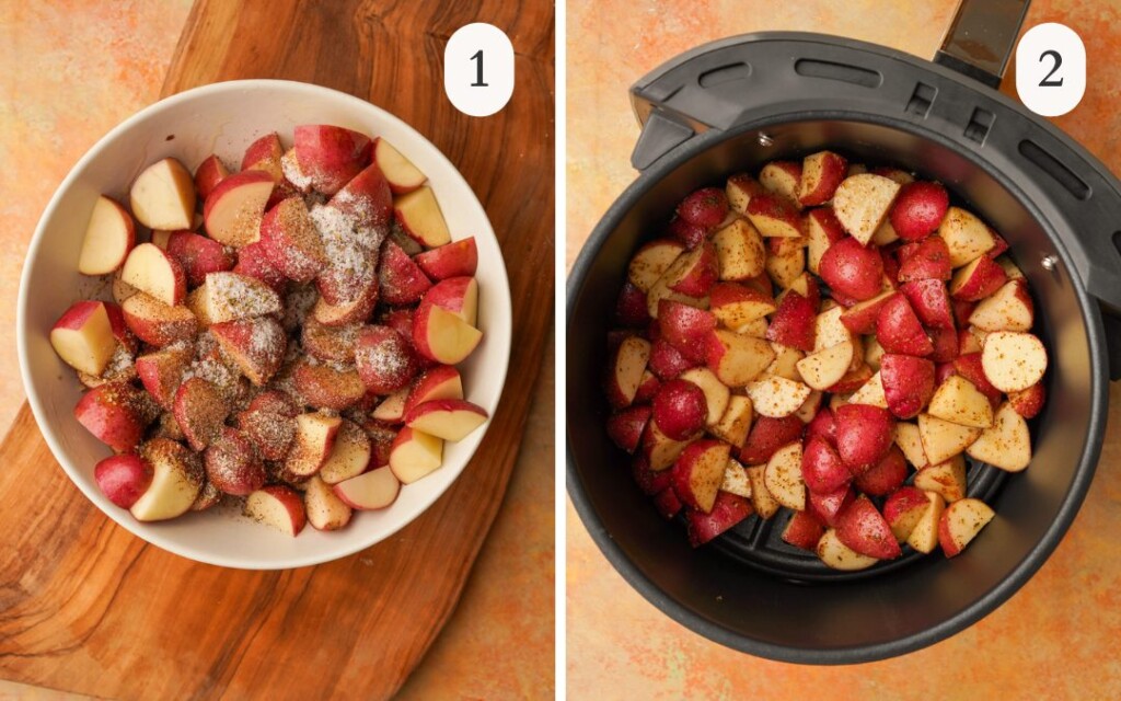 a photo of a bowl of red potatoes in a bowl with seasonings on top next to a photo of seasoned red potatoes in an air fryer basket