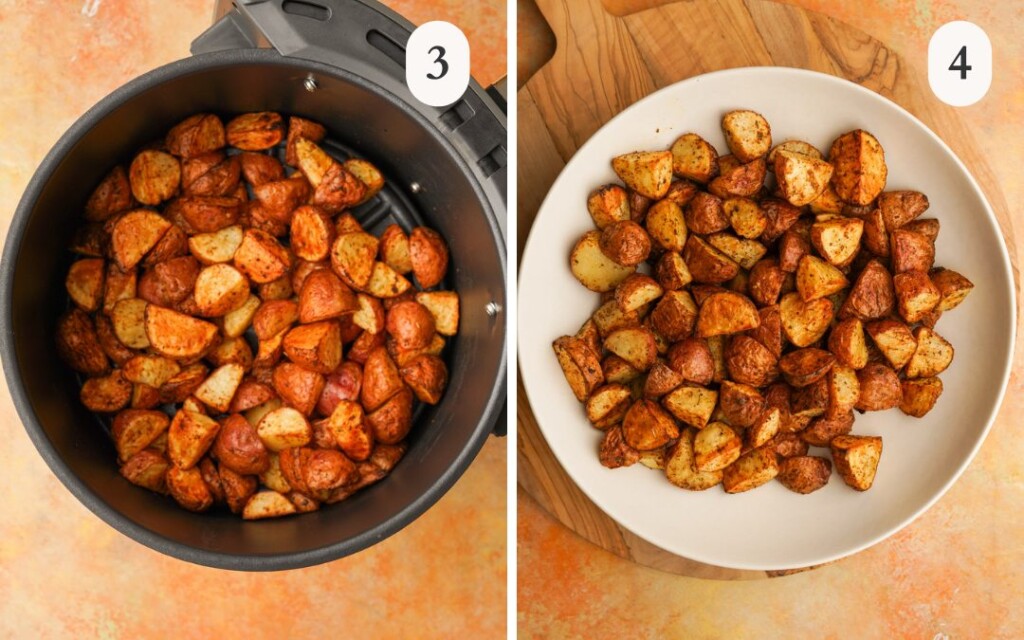 a photo of cooked red potatoes in an air fryer basket next to a photo of red potatoes in a white bowl 