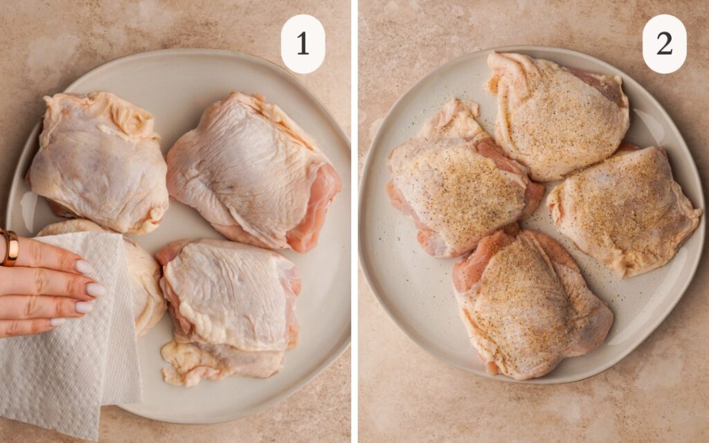A photo of bone in skin on chicken thighs on a plate with a hand dabbing the chicken dry with a paper towel next to a picture of seasoned chicken thighs
