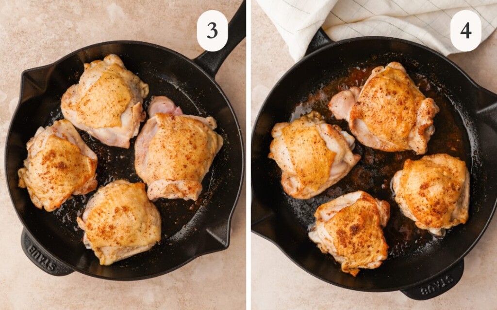 A picture of seared chicken thighs in a cast iron skillet next to a picture of fully baked and seared chicken thighs in a cast iron skillet