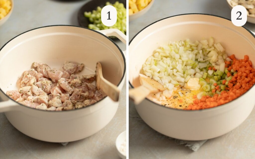 a photo of chicken in a white dutch oven next to a photo of celery carrots and onion in a white dutch oven