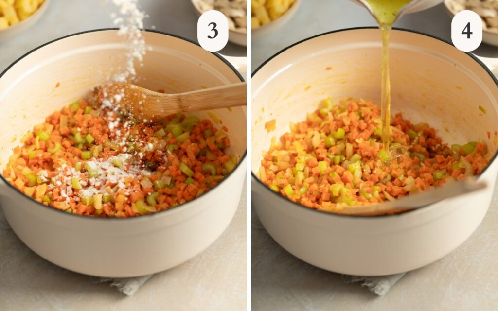 a photo of flour pouring onto the vegetables in the dutch oven next to a photo of broth pouring into the dutch oven