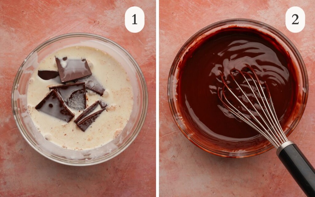 a photo of chocolate pieces in a bowl of hot heavy cream next to a bowl of the chocolate melted and stirred into the cream