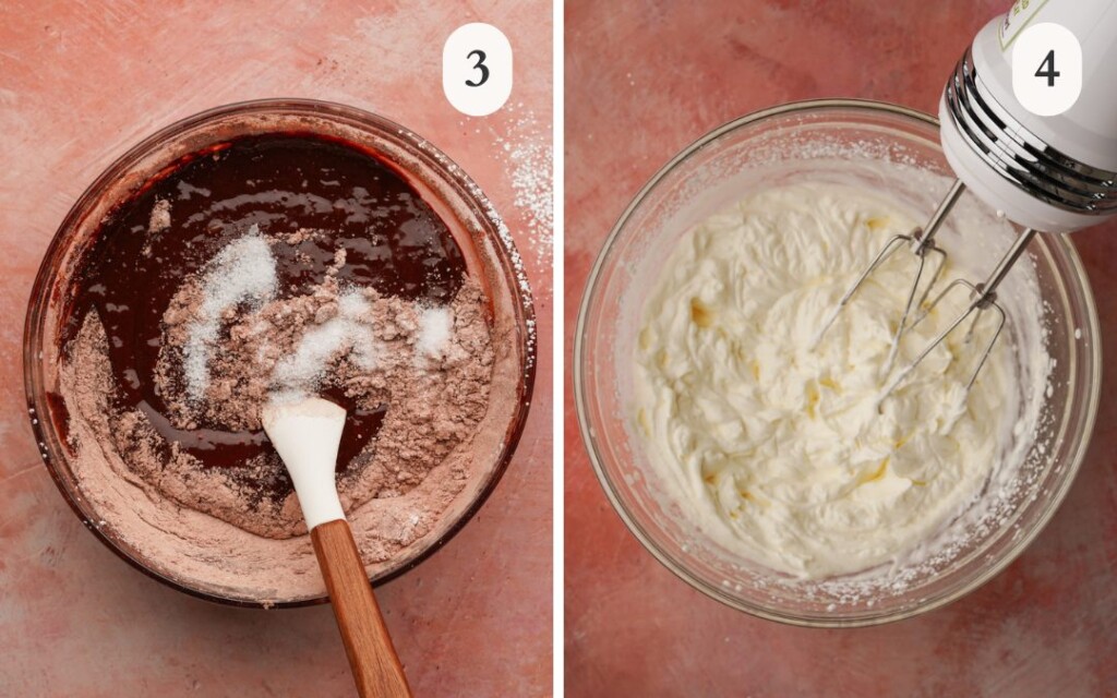 a photo of a bowl of melted chocolate with cocoa powder and sugar on top next to a photo of whipped cream in a bowl with a hand mixer