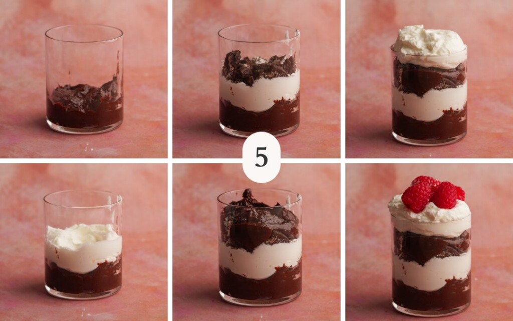 a collage of six photos showing the step by step building the layers of the parfait