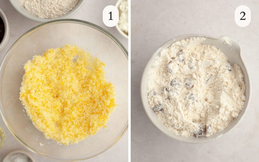 a photo of orange zest and sugar in a clear bowl next to a photo of all dry ingredients in a bowl