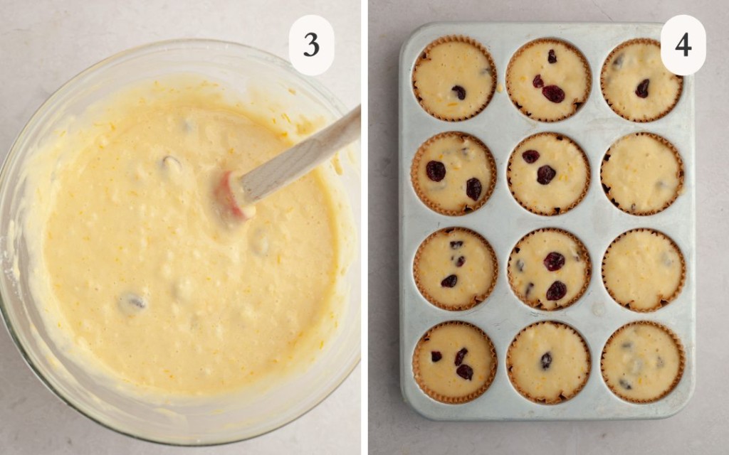 a photo of the fully mixed batter in a clear bowl with a spatula next to a photo of the cranberry orange muffin batter in a muffin tin