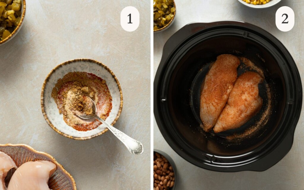 a photo of a spice blend in a small bowl next to a photo of chicken breasts in a crockpot with spices on top