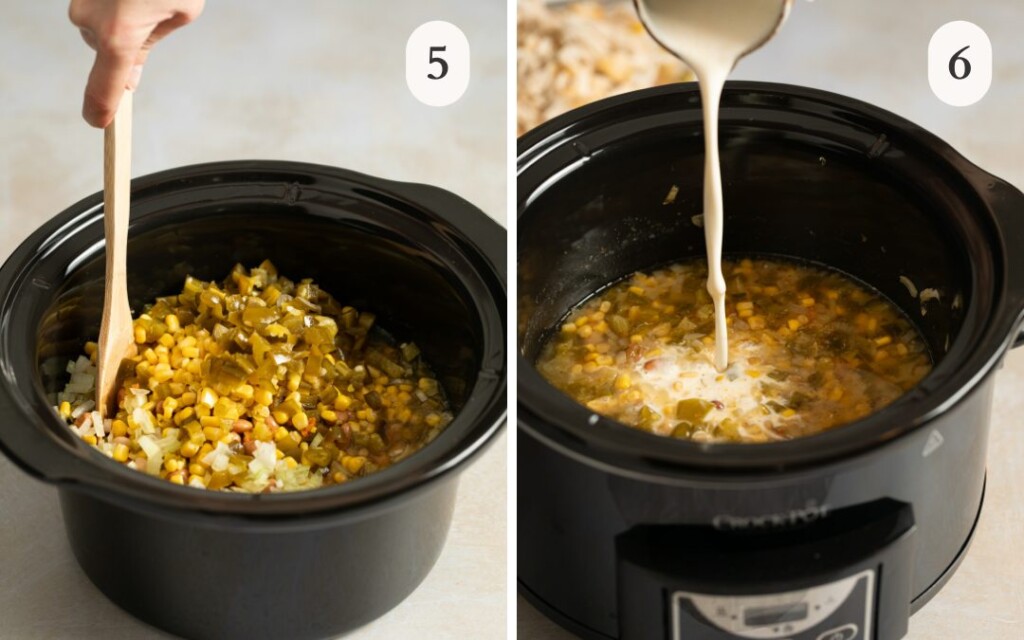 a photo of a wooden spoon stirring all ingredients in the crockpot next to a photo of sour cream mixed with broth pouring into the crockpot