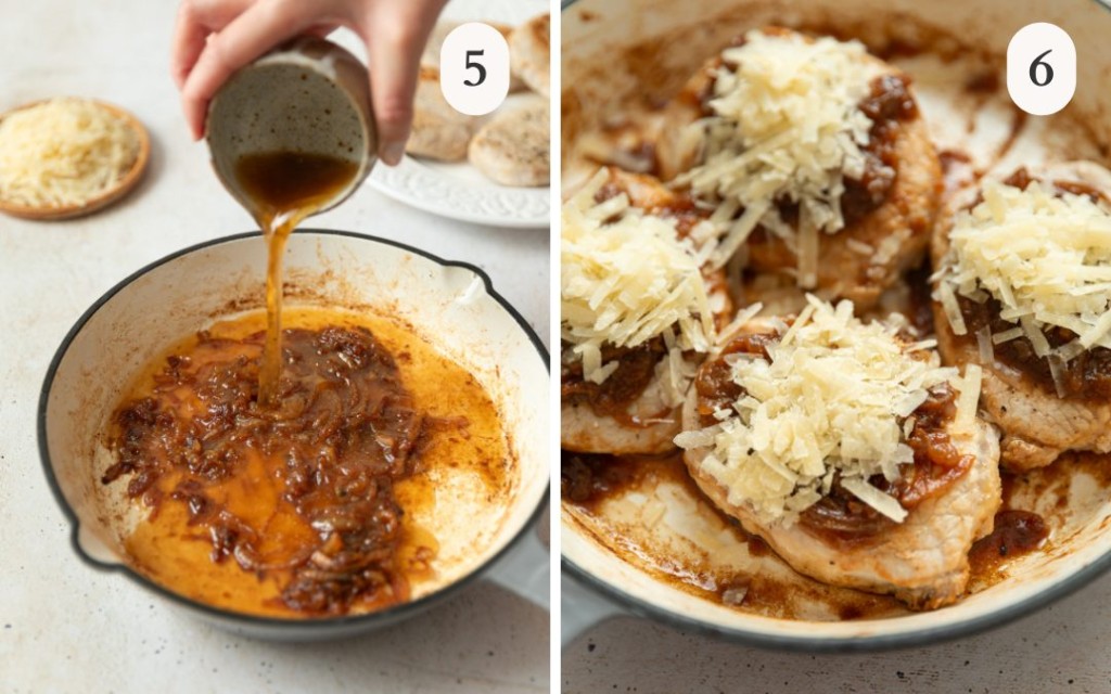 a photo of pouring beef broth over the caramelized onions in a white pan next to a photo of the french onion pork chops in a pan with cheese on top 