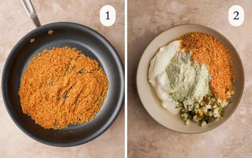 a photo of panko toasting in a nonstick pan next to a photo of all fried pickle dip ingredients in a bowl