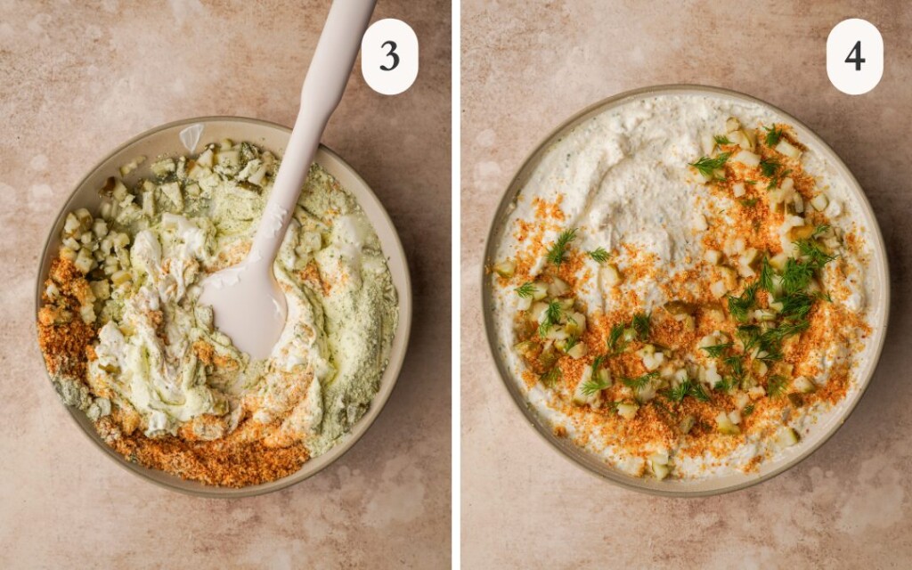 a photo of stirred dip with a spatula in it next to a photo of the dip in a bowl with chopped pickles and toasted panko on top
