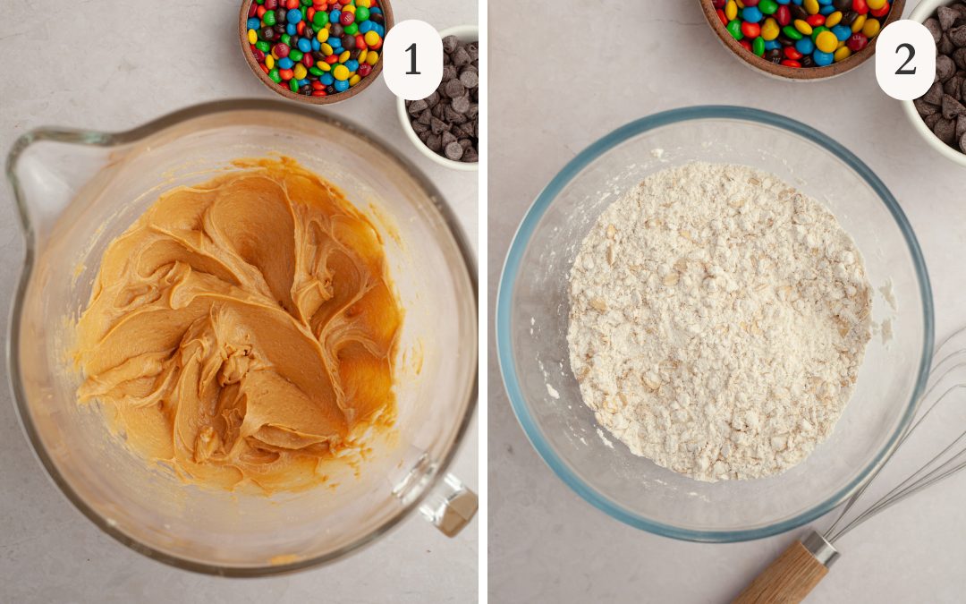 A picture of peanut butter mixed with butter in a mixing bowl next to a picture of flour and oats in a medium bowl