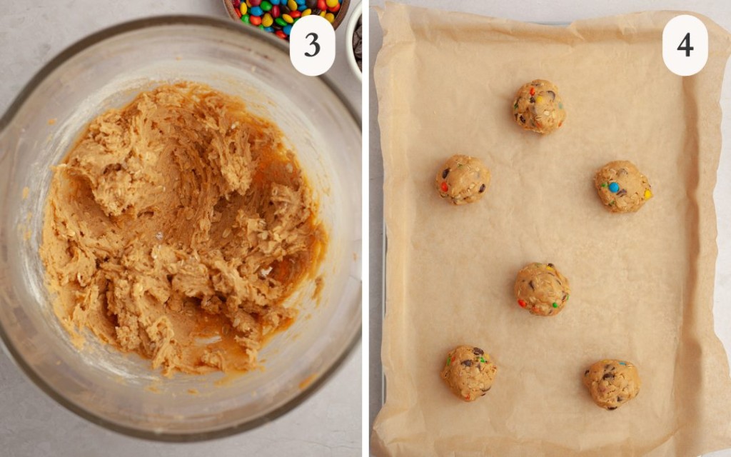 A picture of monster cookie dough in a mixing bowl next to a picture of cookie dough balls on a baking sheet lined with parchment paper