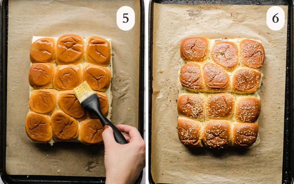a photo of buttering the slider bun tops with a brush next to a photo of sesame seeds sprinkled on the buns