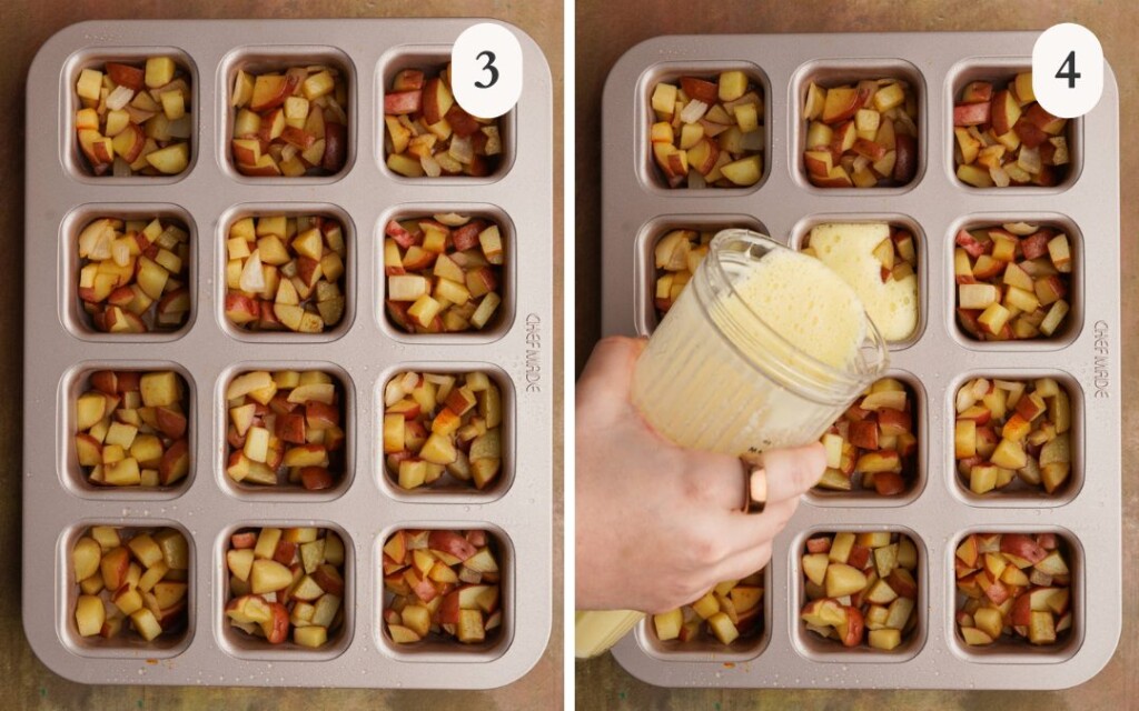 A picture of red potatoes in a muffin tin next for a picture of an egg and cottage cheese mixture pouring into the muffin tin filled with potatoes