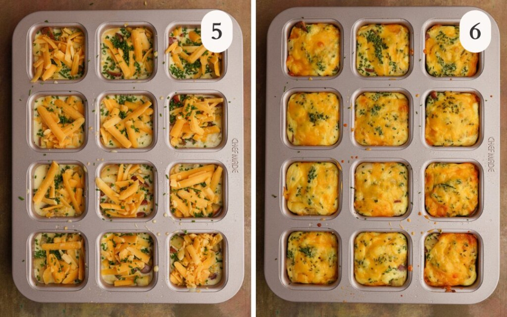 A picture of potato egg bakes topped with cheddar cheese and chives next to a picture of baked potato cheddar chive egg bites still in the muffin tin