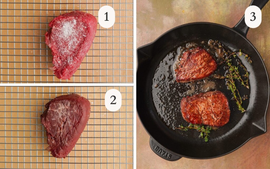a photo of salt on a filet mignon above a photo of a oven baked filet mignon next to a photo of two filet mignons in a cast iron skillet