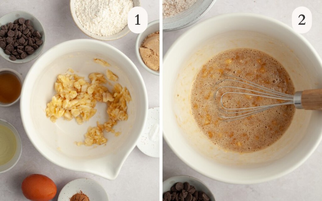 a photo of mashed banana in a white bowl next to a photo of wet ingredients added to the bowl with banana