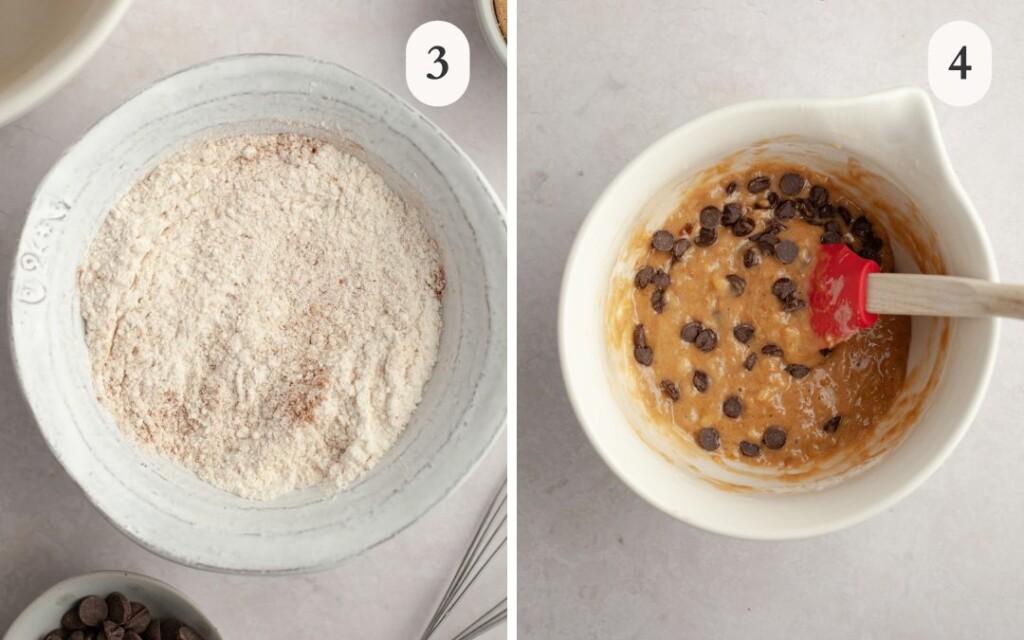 a photo of the dry ingredients in a bowl next to a photo of the mixed batter with chocolate chips in it in a white bowl