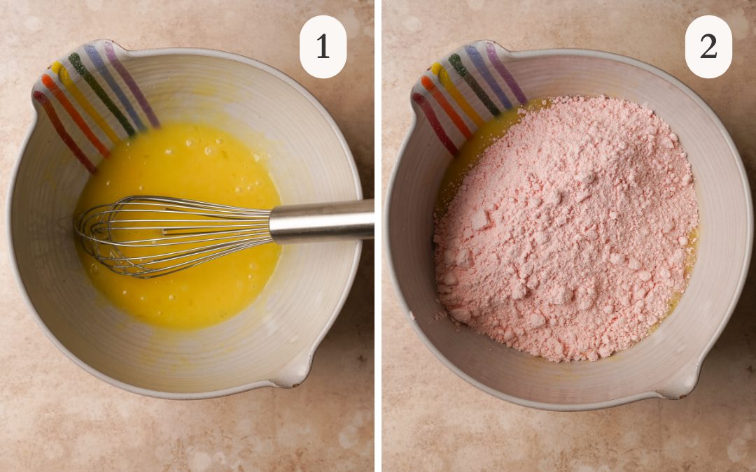 A photo of oil and eggs whisked together in a large mixing bowl next to a photo of strawberry cake mix on oil and eggs in a mixing bowl