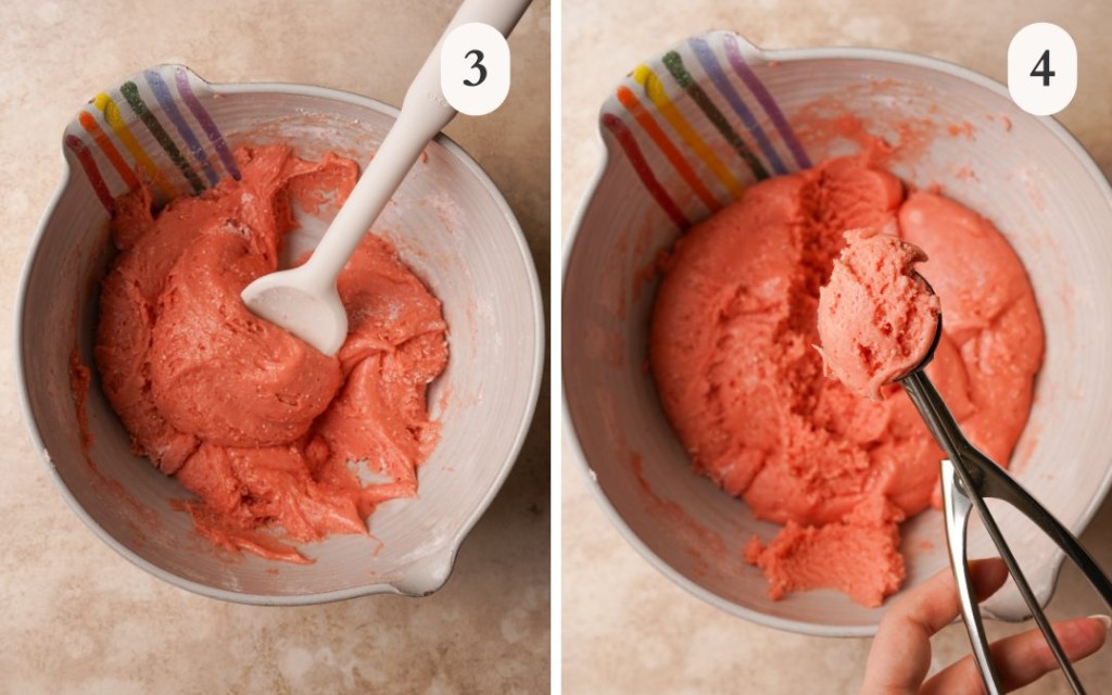 A picture of strawberry cookie dough in a mixing bowl with a spatula next to a picture of a cookie scoop with dough in it over a bowl of strawberry cookie dough