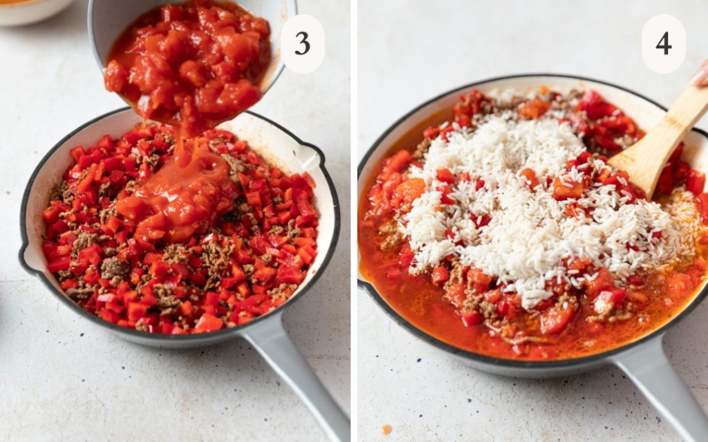 a photo of diced tomatoes being poured in a pan with ground beef mixture next to a photo of rice on top of the ground beef mixture in a pan