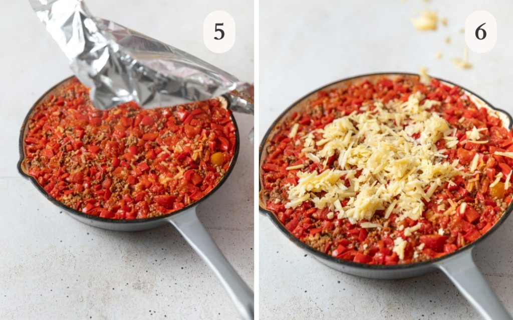 a photo of the stuffed pepper casserole with foil partially on the pan next to a picture of the casserole with cheese spread on top