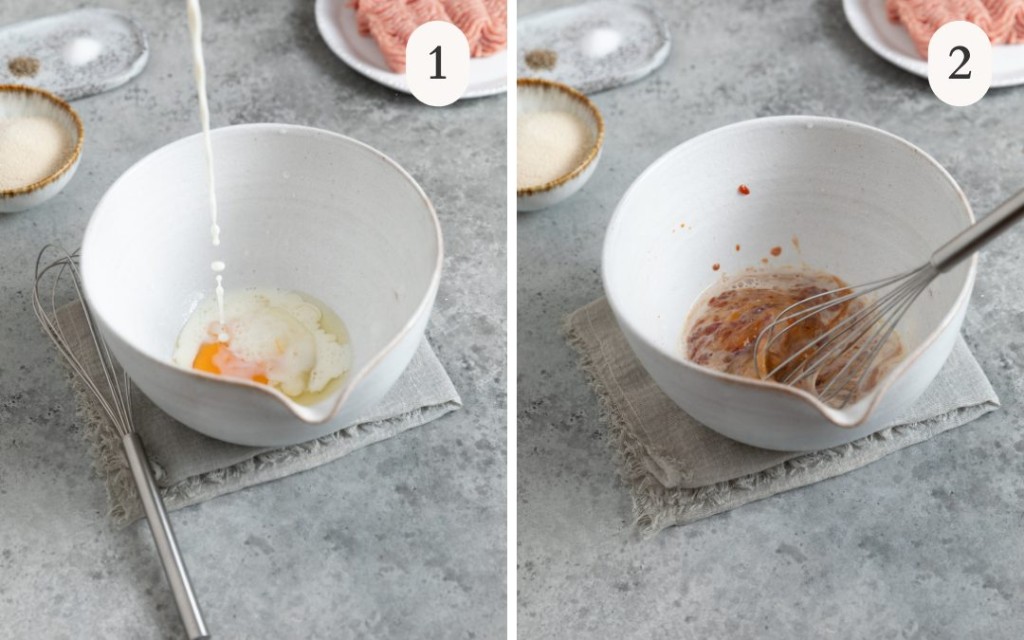 A picture of milk pouring into a bowl with an egg next to a picture of liquid ingredients being whisked together in a mixing bowl