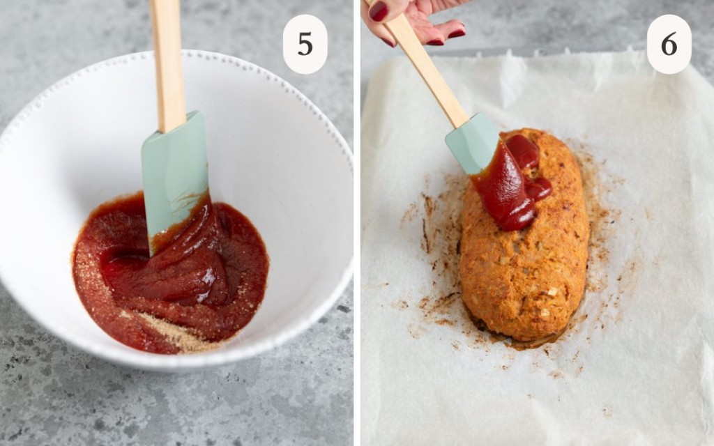 A picture of ketchup and brown sugar mixed together in a small bowl next to a picture of the ketchup mixture being spread over the meatloaf