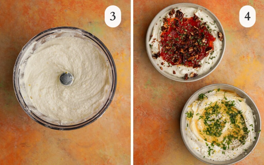 a photo of whipped goat cheese in a food processor bowl next to a photo of whipped goat cheese dip in two bowls with jam on one with oil and herbs on top