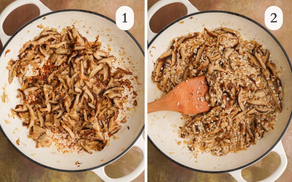 a photo of mushrooms sauteing in a white braising pan next to a photo of arborio rice stirred in with a wooden spoon in the white braiser 