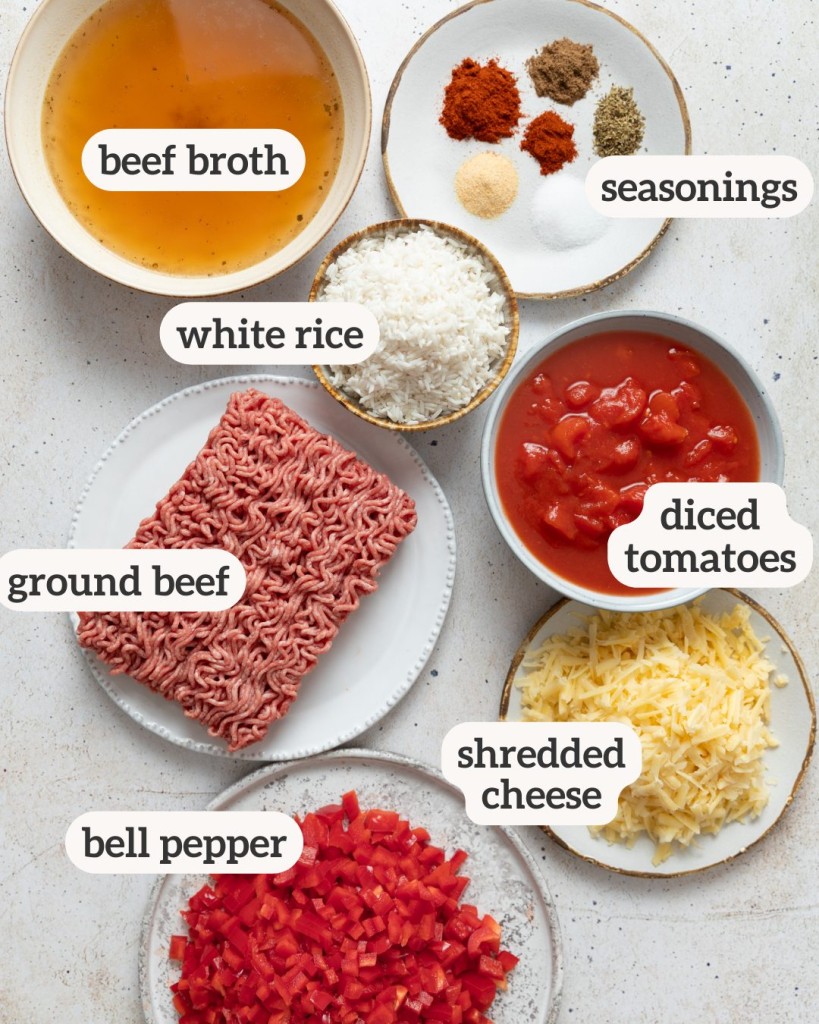 above shot of the ingredients for stuffed pepper casserole with labels on them