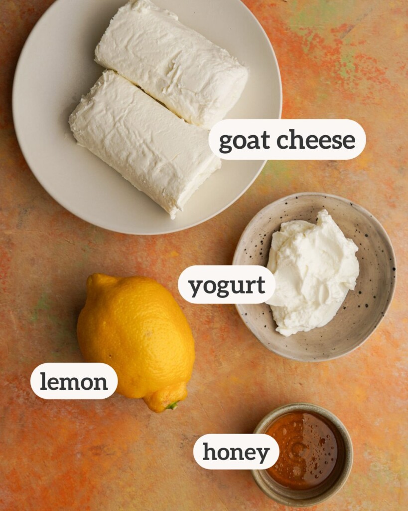 an above photo of the ingredients for goat cheese dip with labels on them