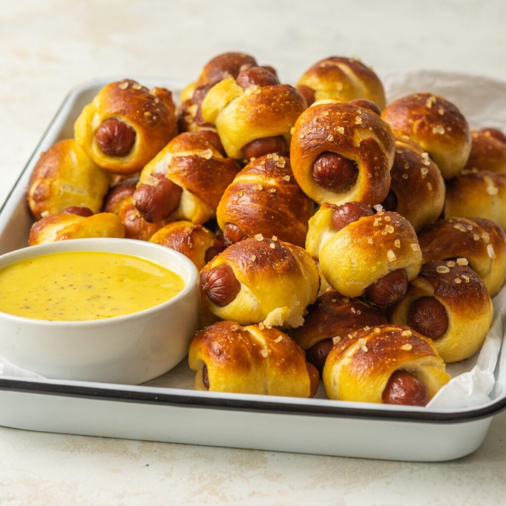a photo of a tray with mini pretzel dogs on it and a small bowl of mustard